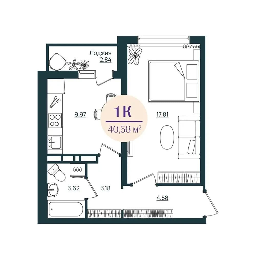 Планировка однокомнатной 40,58 м² в ЖК «Другие берега» Геническ