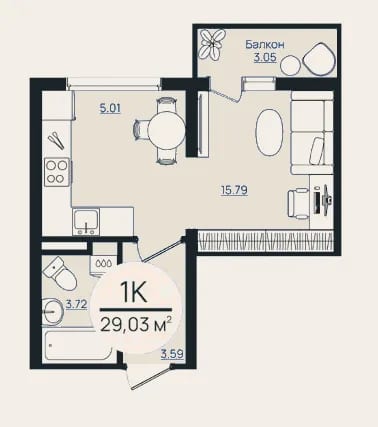 Планировка студии 29,03 м² в ЖК «Другие берега» Геническ